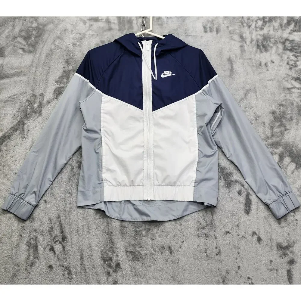 Nike Jacket Womens S Blue Gray Windrunner Full Zip Hooded Windbreaker Sportswear